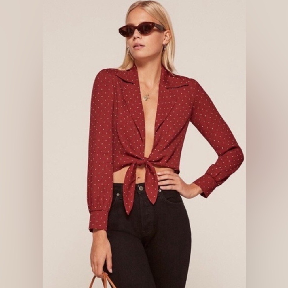 Reformation Dottie Red Polka Dot Tie Front Long Sleeve Cropped Blouse Crimson XS